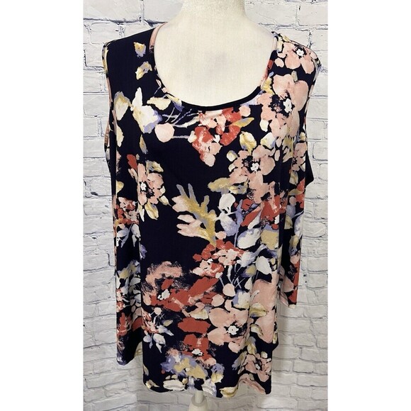 Bobeau Floral Print Cold Shoulder Blouse Top 1X - Picture 1 of 6